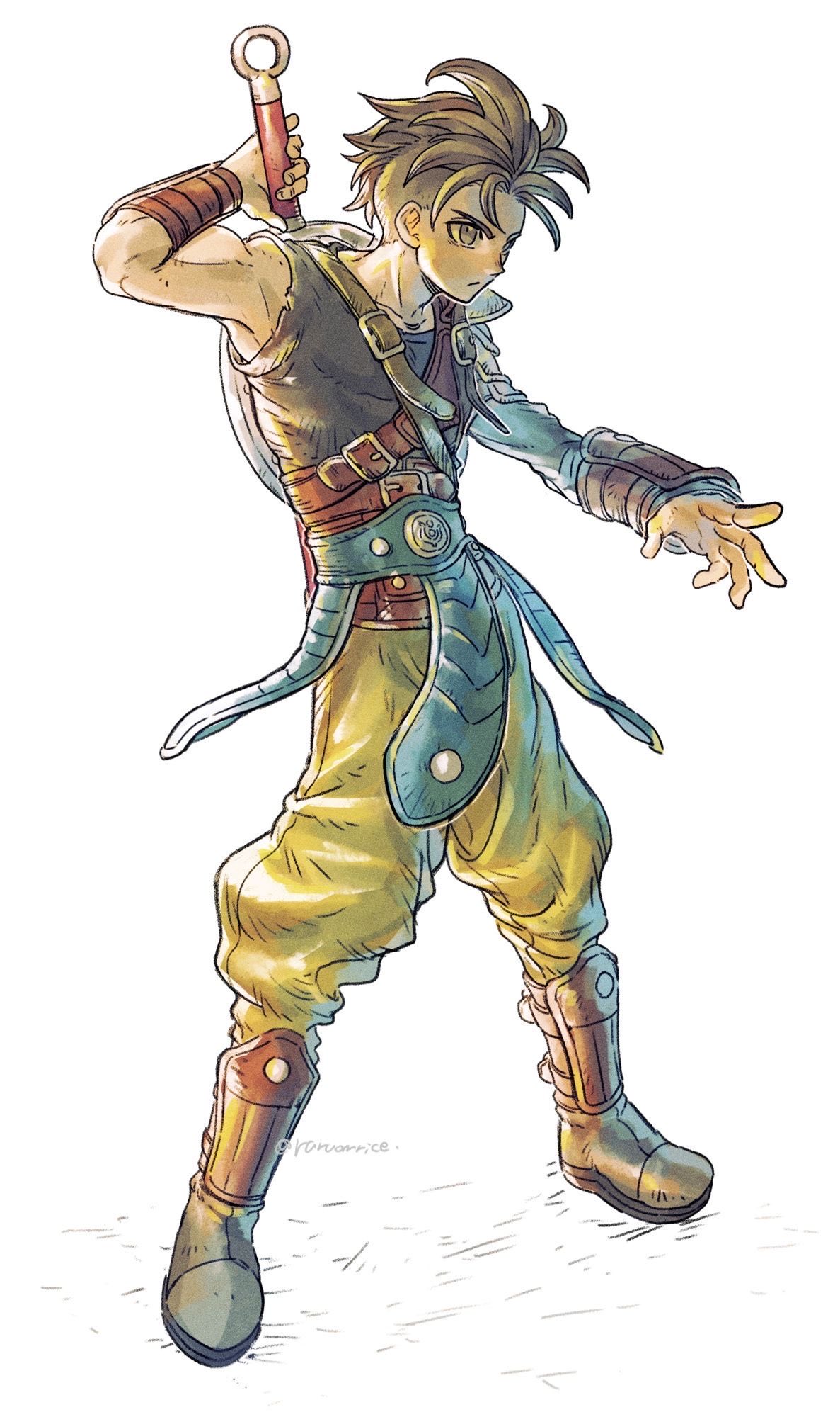 1boy, armor, brown_hair, commentary_request, dragon_quest, dragon_quest_xii, drawing_sword, hero_(dq12), highres, holding, holding_sword, holding_weapon, leather_armor, male_focus, mohawk, pants, raruomrice, shaved_head, shield, shield_on_back, short_hair, single_shoulder_pad, solo, spiky_hair, sword, sword_on_back, weapon, weapon_on_back, yellow_pants