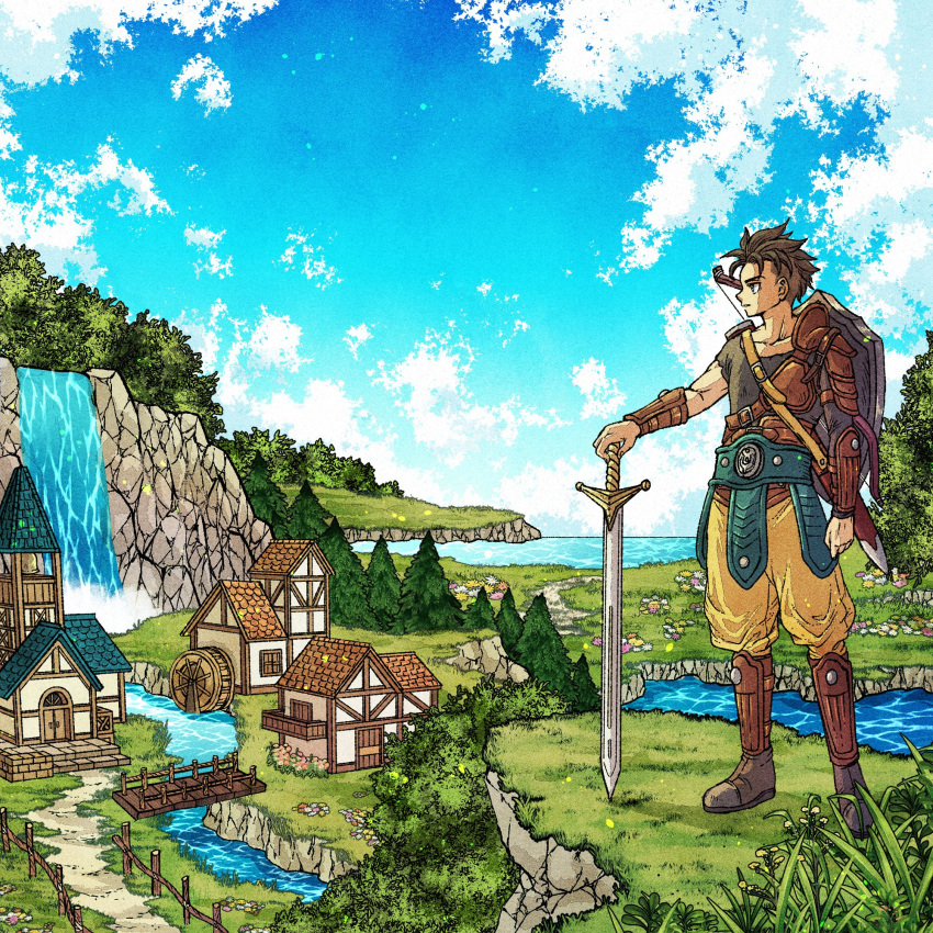 armor, baggy_pants, boots, bow_(weapon), brown_eyes, brown_hair, commentary_request, dragon_quest, dragon_quest_xii, hero_(dq12), highres, holding, holding_sword, holding_weapon, leather_armor, mohawk, pants, scenery, shaved_head, shield, shield_on_back, single_shoulder_pad, sword, toriga, village, water, waterfall, weapon, yellow_pants