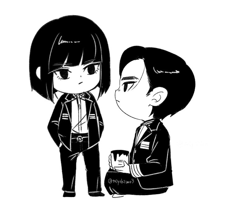 2boys, asama_yoshitsune, bob_cut, chibi, commentary_request, full_body, greyscale, hands_in_pockets