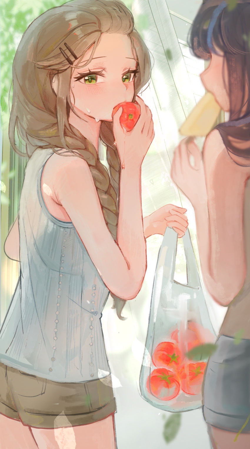 2girls, apple, bag, bare_arms, bare_shoulders, blue_hair, blurry, blurry_background