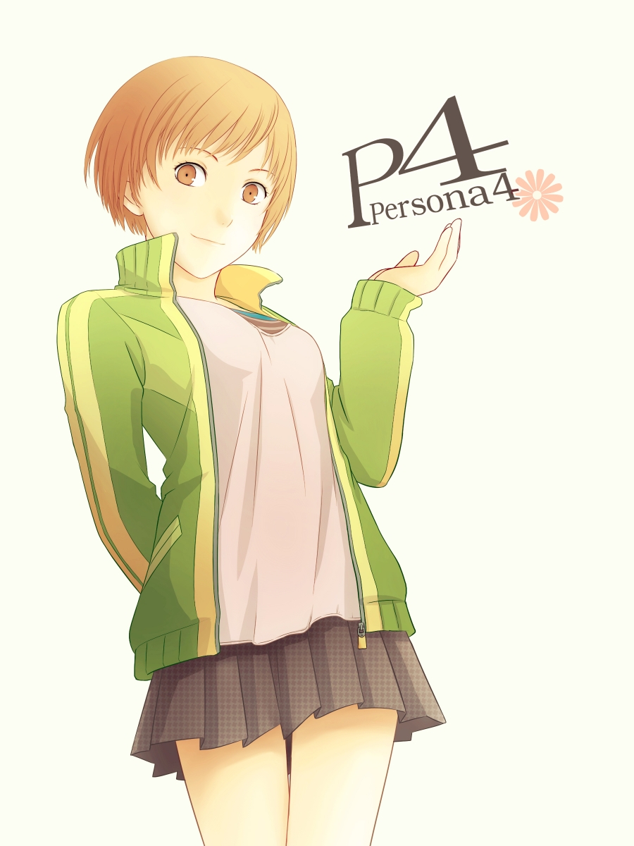 arya_(artist), brown_eyes, brown_hair, highres, jacket, light_smile, logo, long_sleeves, open_clothes, open_jacket, persona, persona_4, satonaka_chie, short_hair, simple_background, skirt, solo, track_jacket