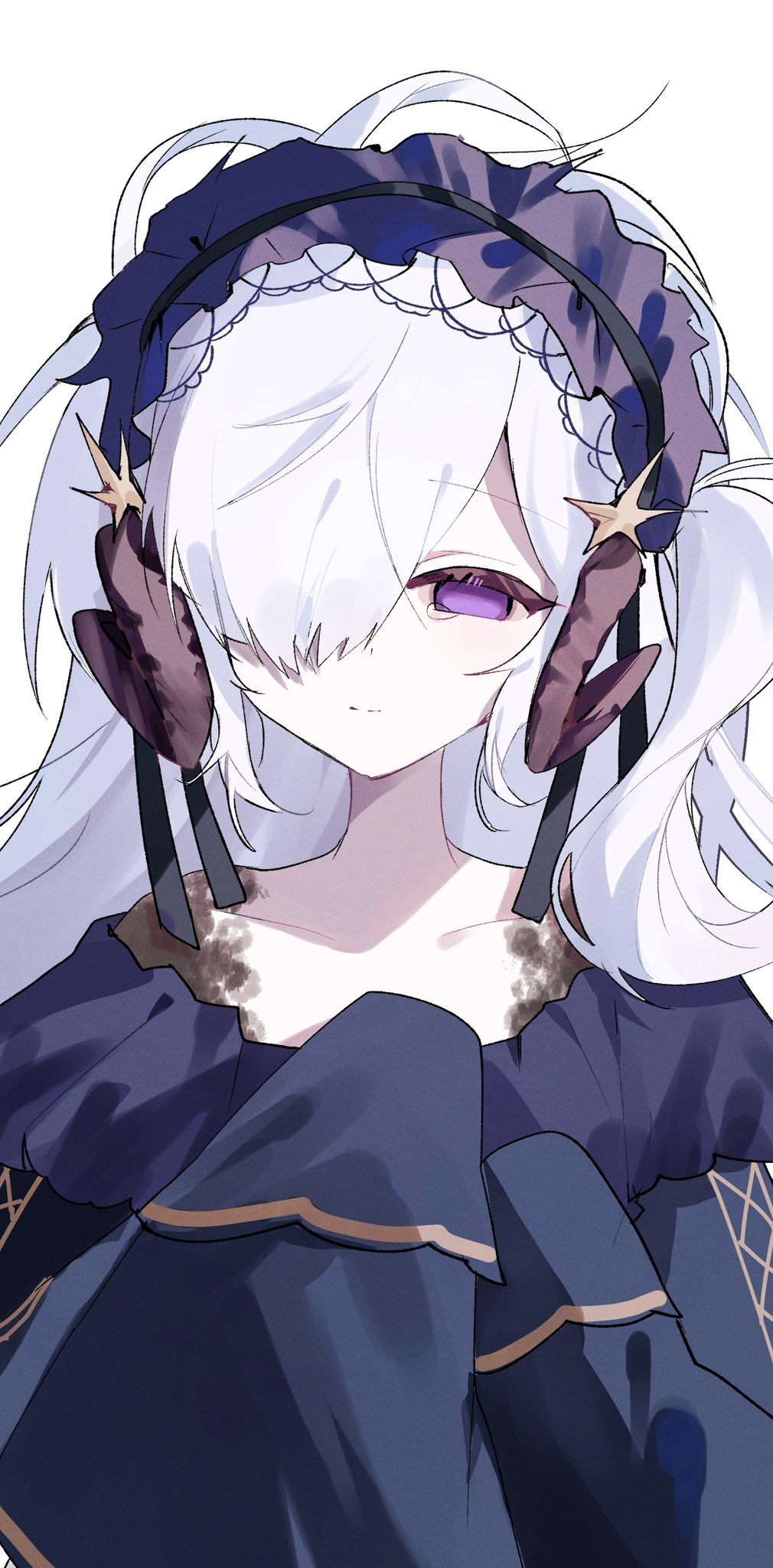 1girl, bare_shoulders, blue_hairband, closed_mouth, commentary, curled_horns, empty_eyes, gothic_lolita