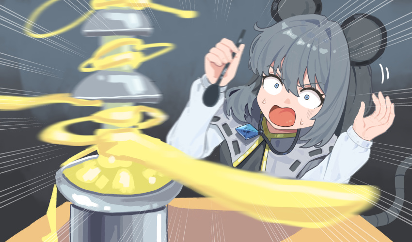 1girl, absurdres, animal_ears, blue_eyes, capelet, cheese, clothing_cutout, ddok