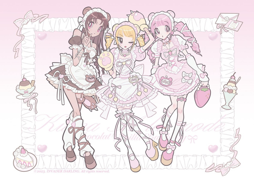3girls, :o, adorable, animal_hands, bear_ears, bear_girl, blonde_hair, bow