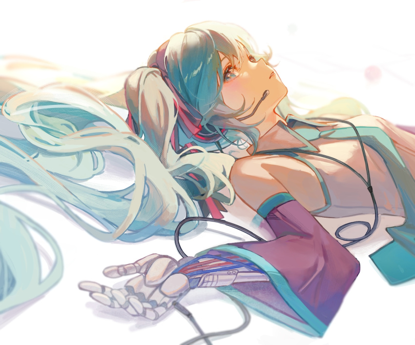 1girl, aqua_eyes, aqua_hair, aqua_necktie, aqua_trim, black_sleeves, breasts, collared_shirt