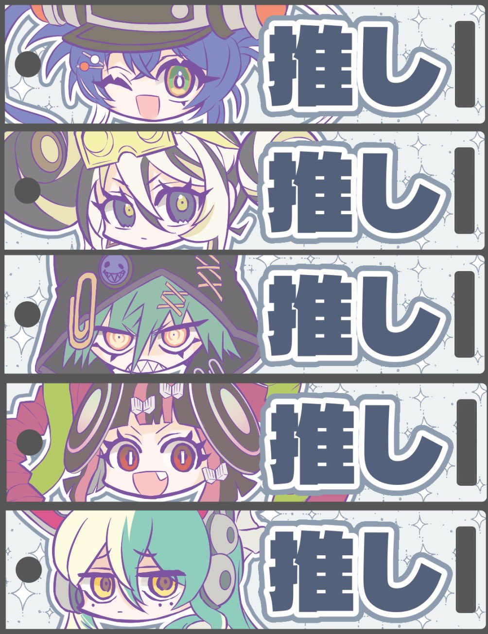 5girls, black_hair, blonde_hair, blue_hair, blunt_bangs, clenched_teeth, closed_mouth, commentary_request