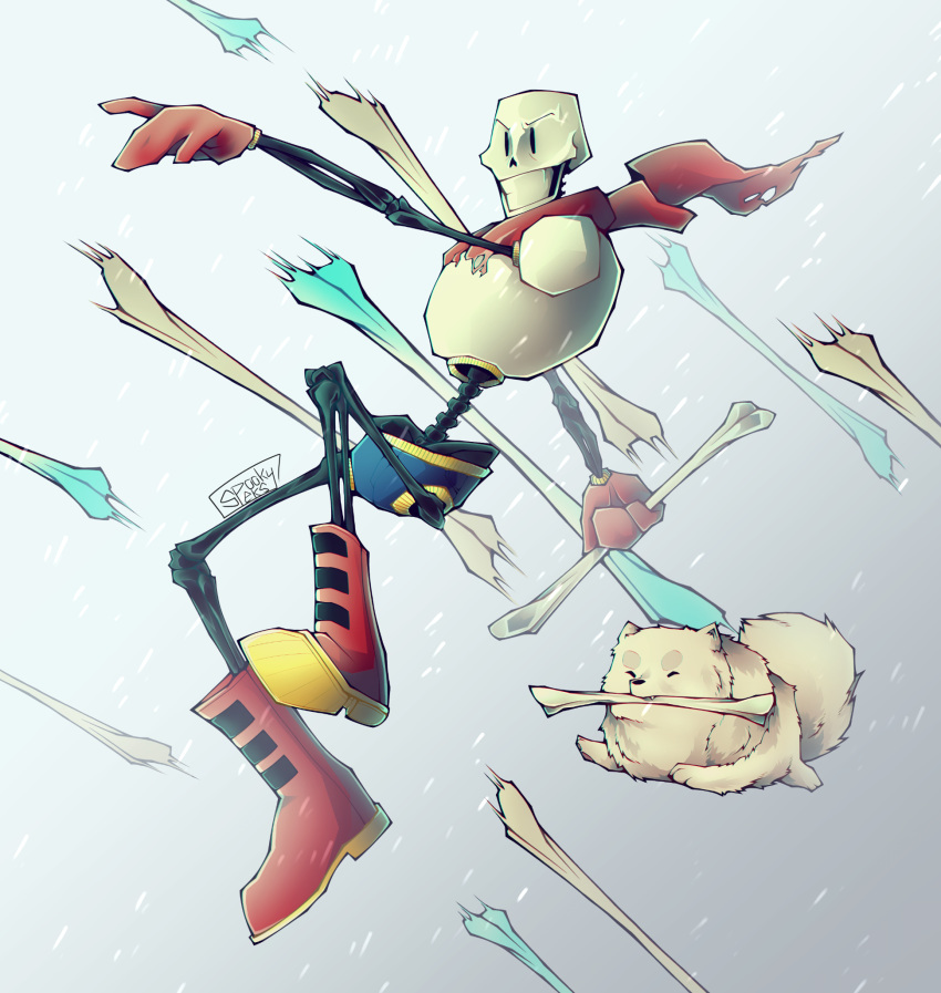 1boy, 2021, 2d, animal, annoying_dog, armor, artist_name, blue_shorts