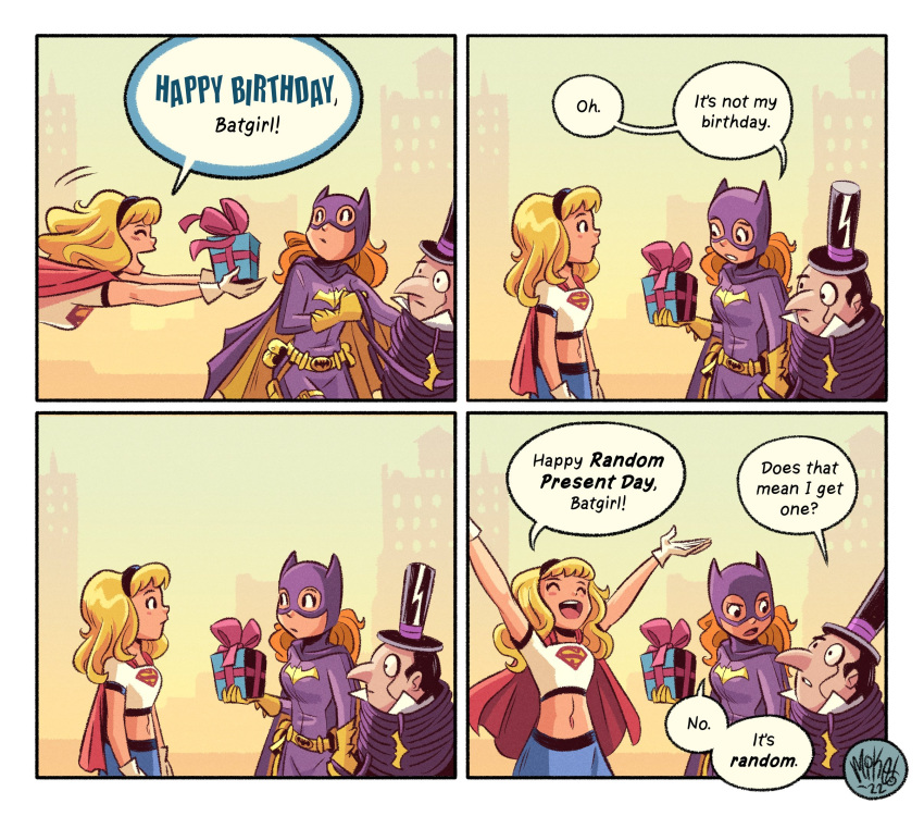 1boy, 2girls, barbara_gordon, batgirl, batgirl_costume_(2021_barbara), batman_(series), belt, bodysuit, commentary, dc_comics, english_commentary, english_text, highres, mikemaihack, multiple_girls, purple_bodysuit, supergirl, superhero_costume, taut_bodysuit, taut_clothes, the_penguin, utility_belt