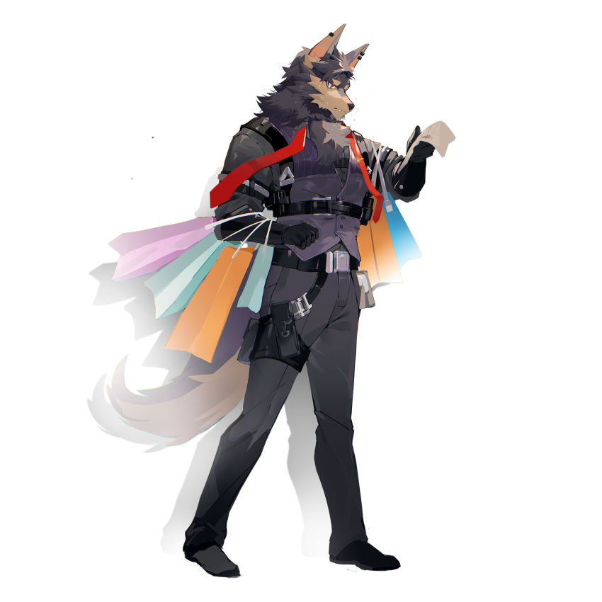 1boy, absurdres, animal_ears, bag, black_gloves, black_pant, black_shirt, black_shoes