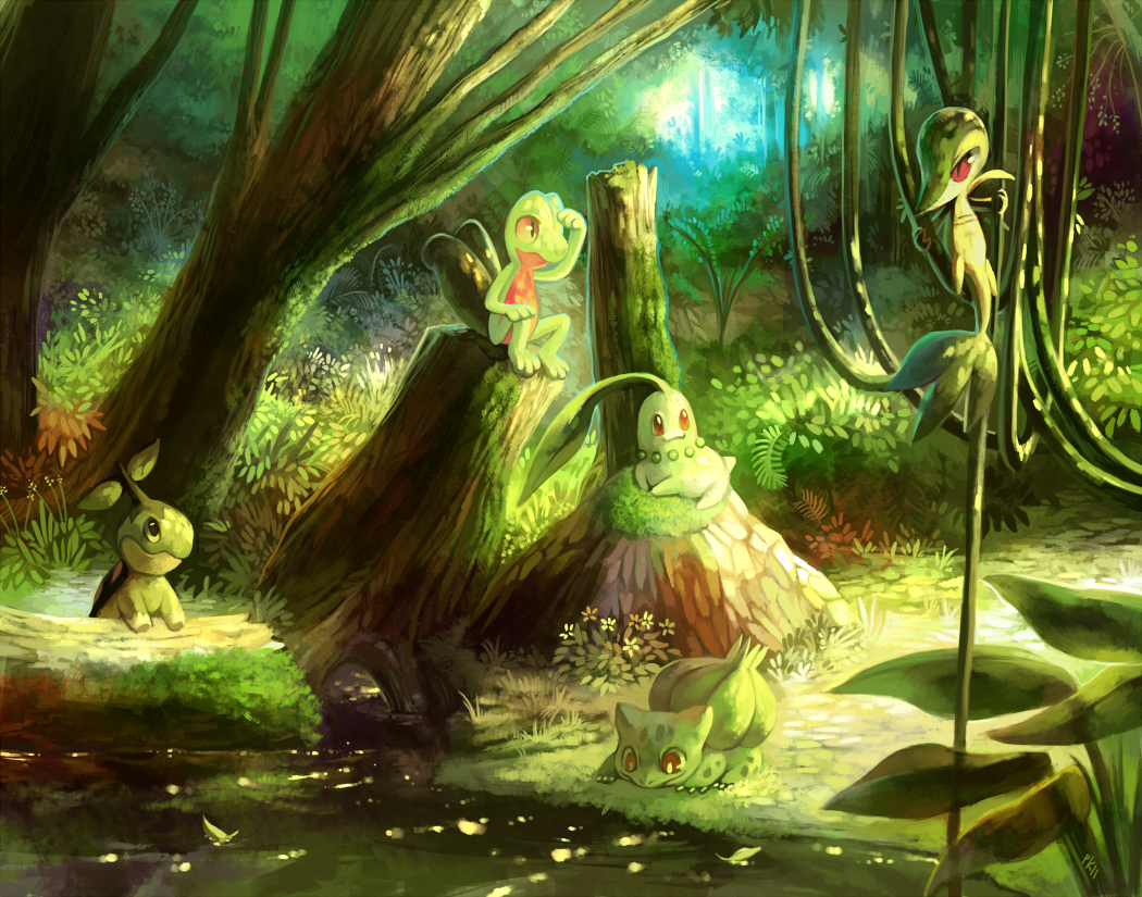 animal, bulbasaur, chikorita, forest, green, pokemon, purple_kecleon, snivy, treecko, turtwig