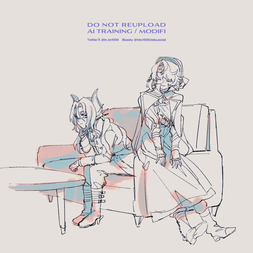 2girls, boots, cape, closed_eyes, commentary_request, couch, full_body, gauntlets