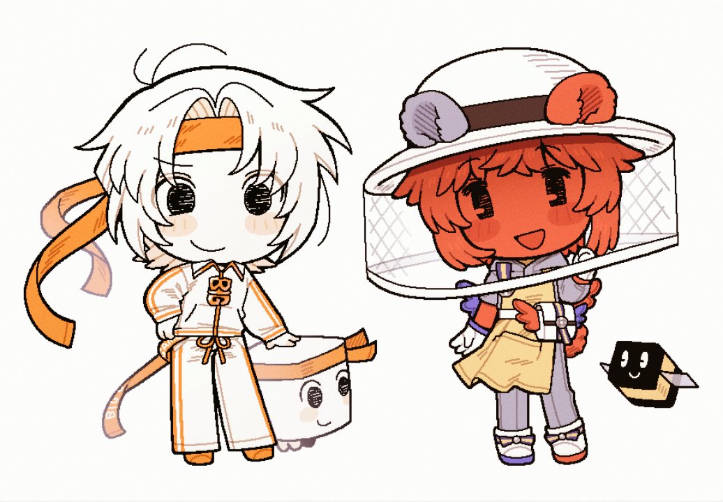 2boys, animal_ears, appleheart04, apron, bear_ears, bee_swarm_simulator, beekeeping_hat, blue_jumpsuit