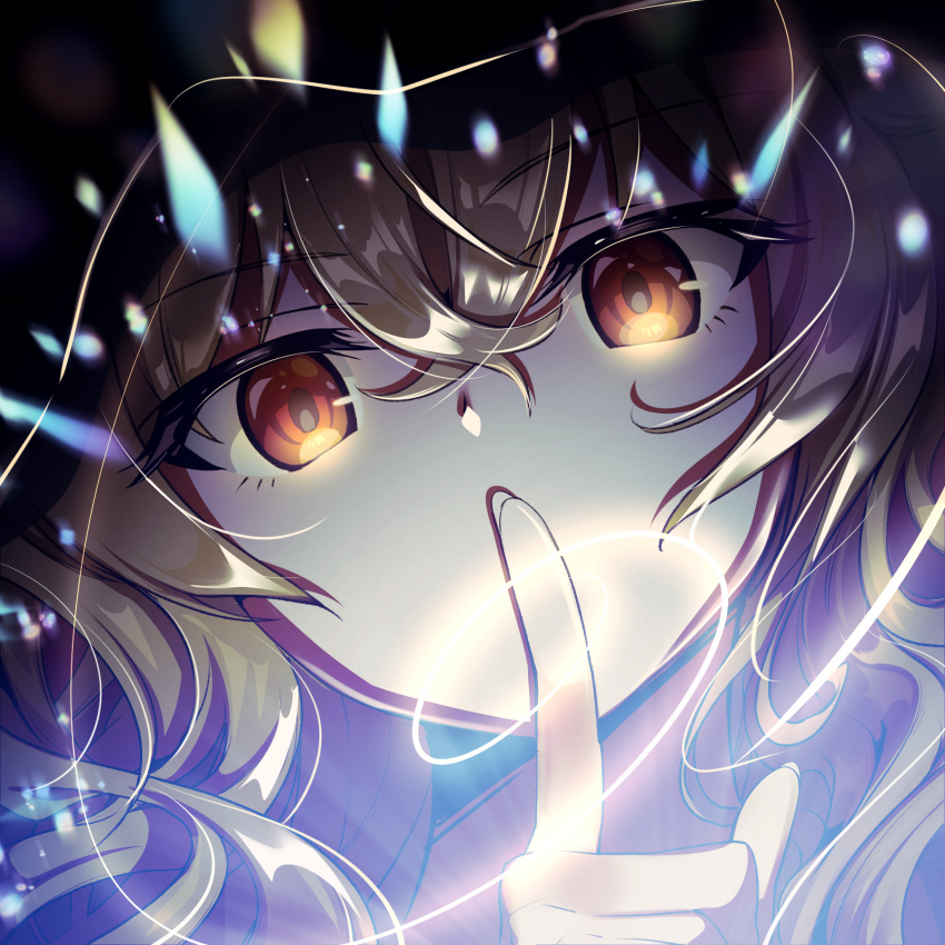 1girl, brown_eyes, brown_hair, commentary_request, covering_own_mouth, finger_to_mouth, hair_between_eyes, highres