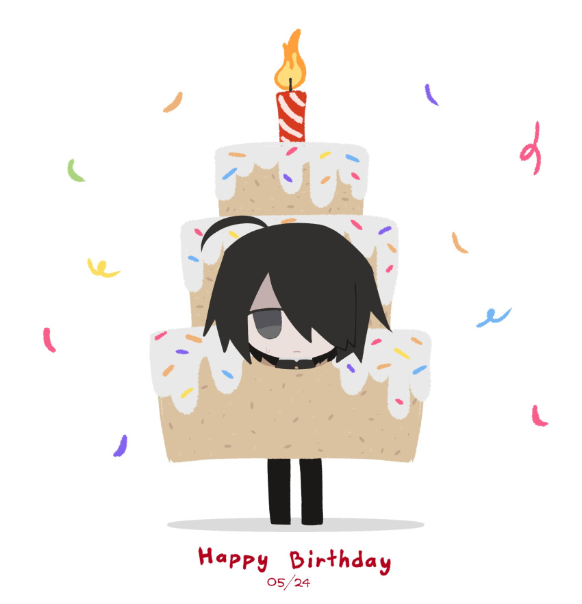 1boy, ahoge, awawah88, black_hair, cake, cake_costume, candle, closed_mouth