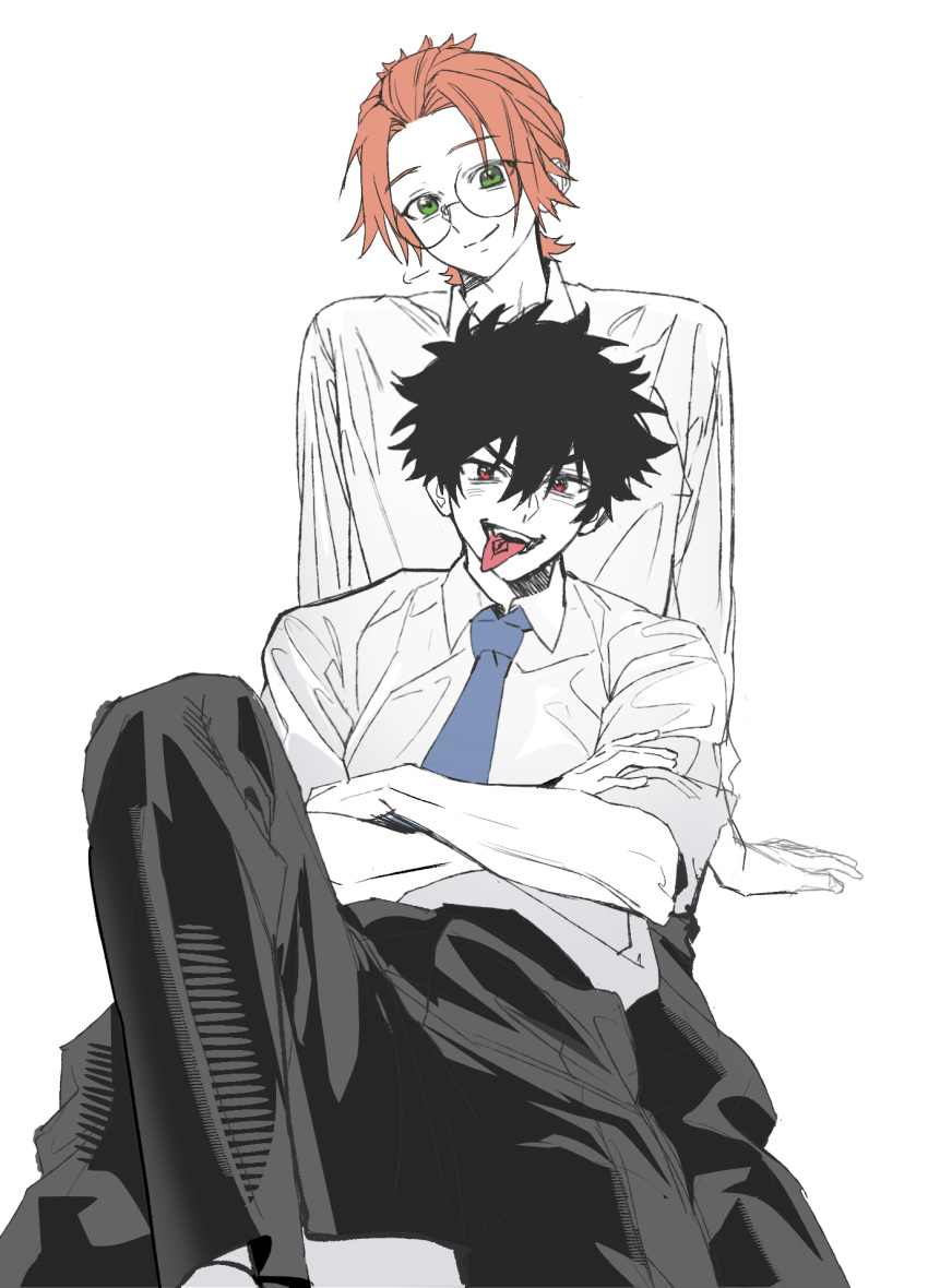 2boys, arm_support, between_legs, black_pants, blue_necktie, closed_mouth, commentary_request, dao8_33