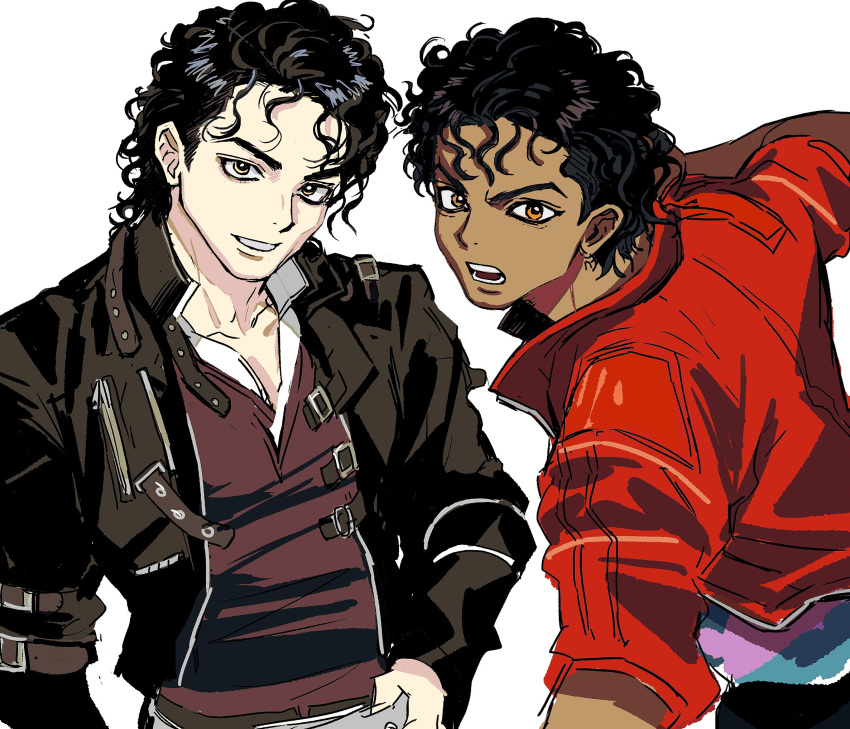 2boys, black_jacket, dark-skinned_male, dark_skin, highres, jacket, male_focus, messy_hair