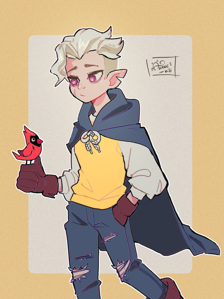 1boy, 1girl, akane_k0, animal, bird, bird_on_hand, blonde_hair, boots