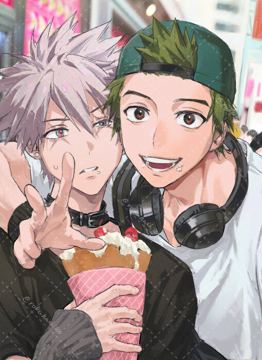 2boys, arm_on_another's_shoulder, black_shirt, brown_eyes, commentary, cross_scar, earrings, food