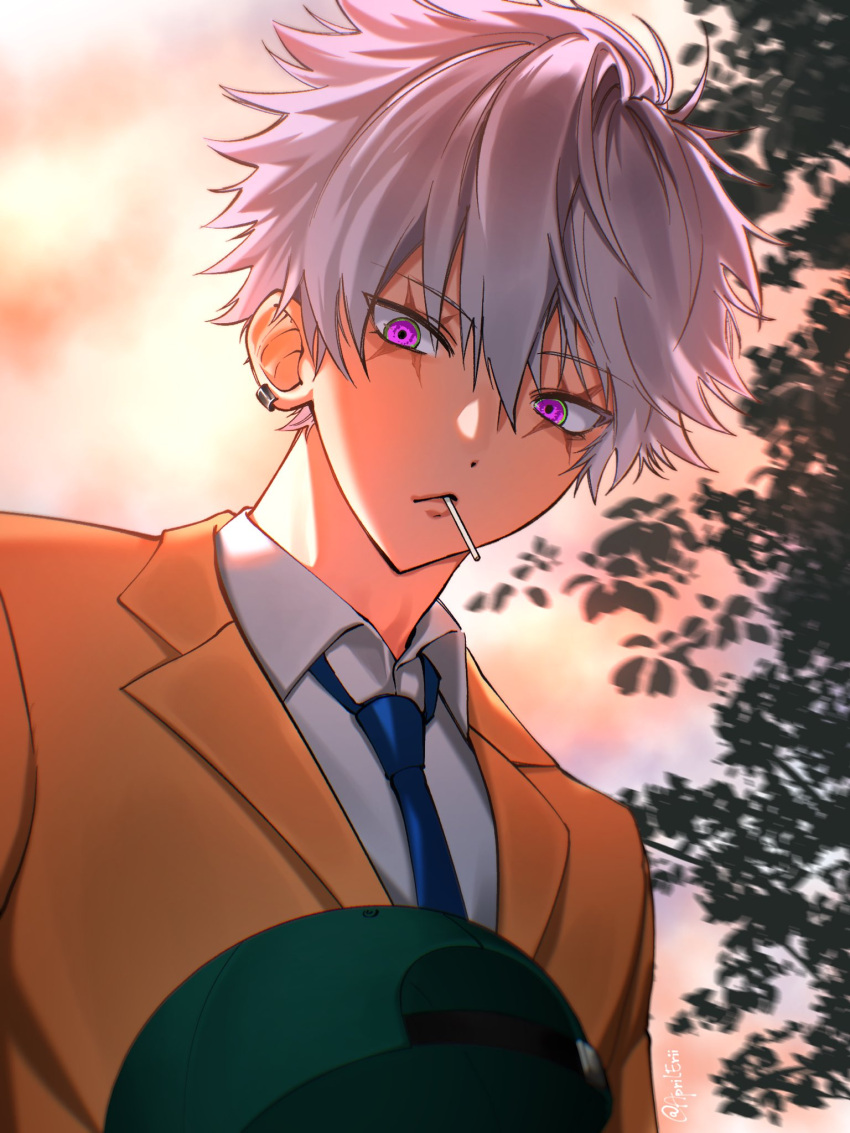 1boy, aprilerii, blue_necktie, candy, commentary_request, cross_scar, dress_shirt, food, food_in_mouth, from_below, grey_hair, hair_between_eyes, highres, jacket, kanzaki_kaoru, lollipop, lollipop_in_mouth, looking_at_viewer, male_focus, necktie, orange_jacket, outdoors, phantom_busters, scar, scar_across_eye, scar_on_face, school_uniform, shirt, short_hair, sky, solo, twitter_username, upper_body, violet_eyes, white_shirt