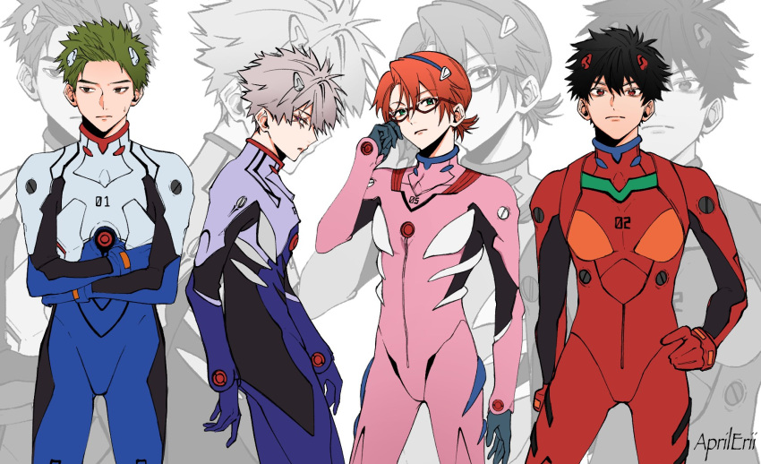4boys, adjusting_eyewear, aprilerii, artist_name, black_hair, blue_bodysuit, bodysuit, brown_eyes, closed_mouth, commentary, cosplay, cross_scar, crossdressing, crossdressing_(mtf), crossed_arms, glasses, green_eyes, green_hair, grey_hair, hand_on_own_hip, highres, ikari_shinji, interface_headset_(evangelion), kanzaki_kaoru, korekishi_eugene, looking_at_viewer, makinami_mari_illustrious, makinami_mari_illustrious_(cosplay), male_focus, mecha_pilot_suit, multiple_boys, nagisa_kaworu, nagisa_kaworu_(cosplay), neon_genesis_evangelion, orange_hair, phantom_busters, pink_bodysuit, plugsuit_(evangelion), red_bodysuit, red_eyes, scar, scar_across_eye, scar_on_face, shishikuno_mogari, short_hair, simple_background, souryuu_asuka_langley, souryuu_asuka_langley_(cosplay), tamon_kotarou, white_background, zoom_layer