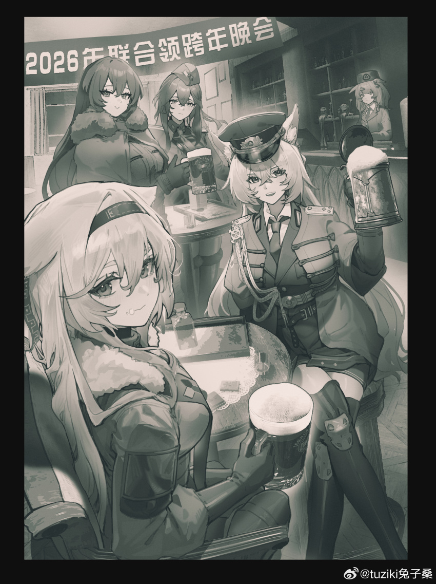 5girls, absurdres, alcohol, animal_ears, bar_(place), beer, blush, callsign:_cedar