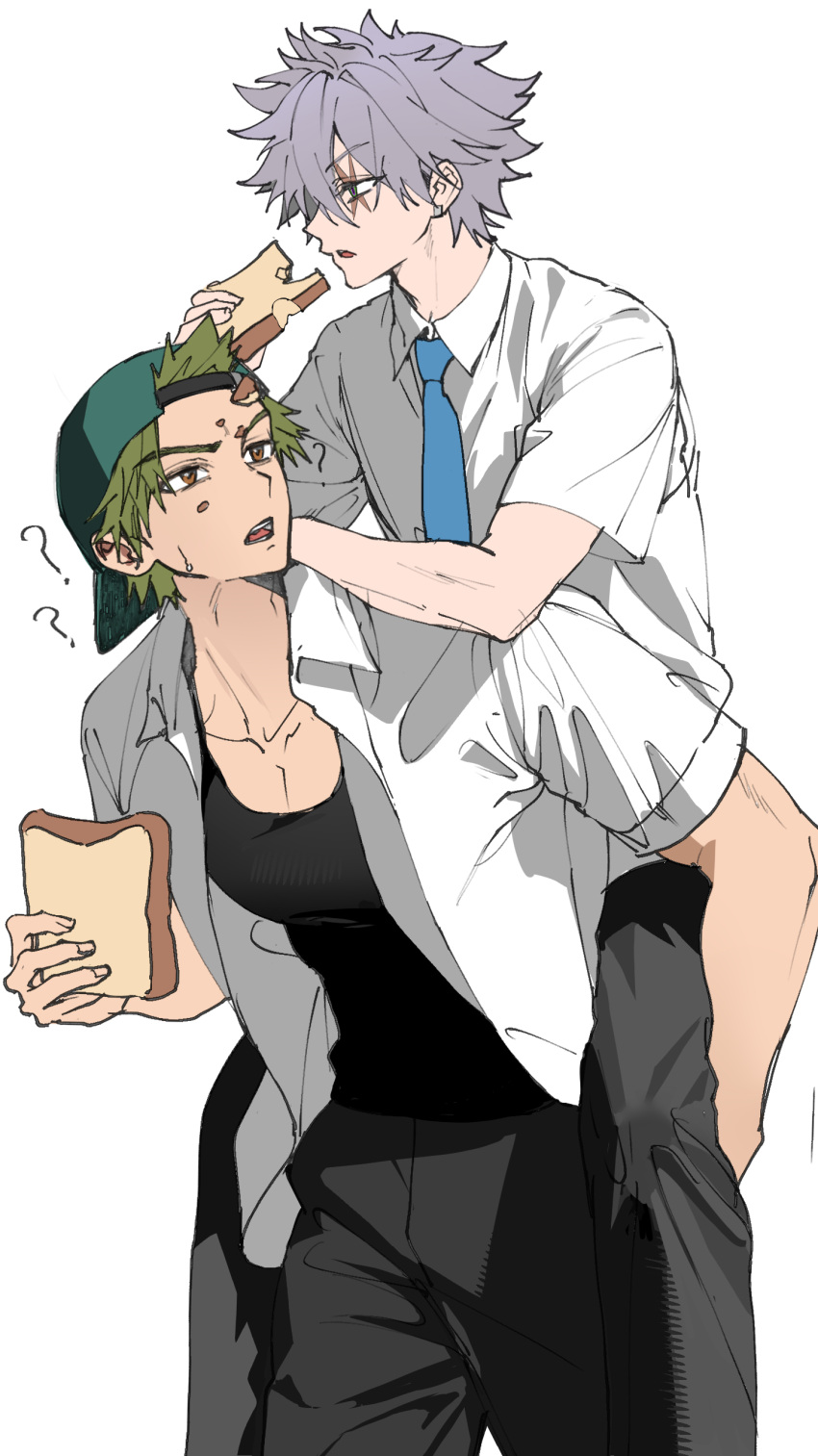 2boys, ?, ??, absurdres, backwards_hat, baseball_cap, black_pants, blue_necktie