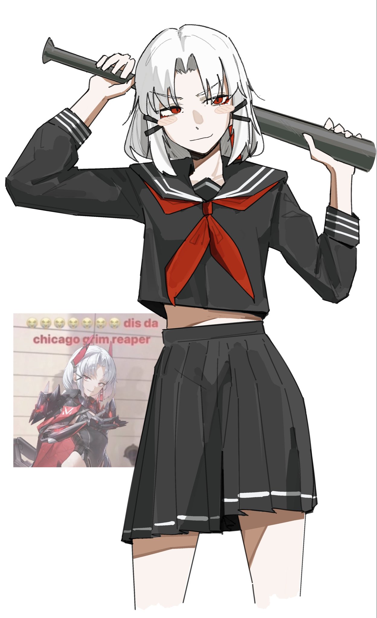 1girl, amoncheeto, arm_up, baseball_bat, black_sailor_collar, black_serafuku, black_shirt, black_skirt