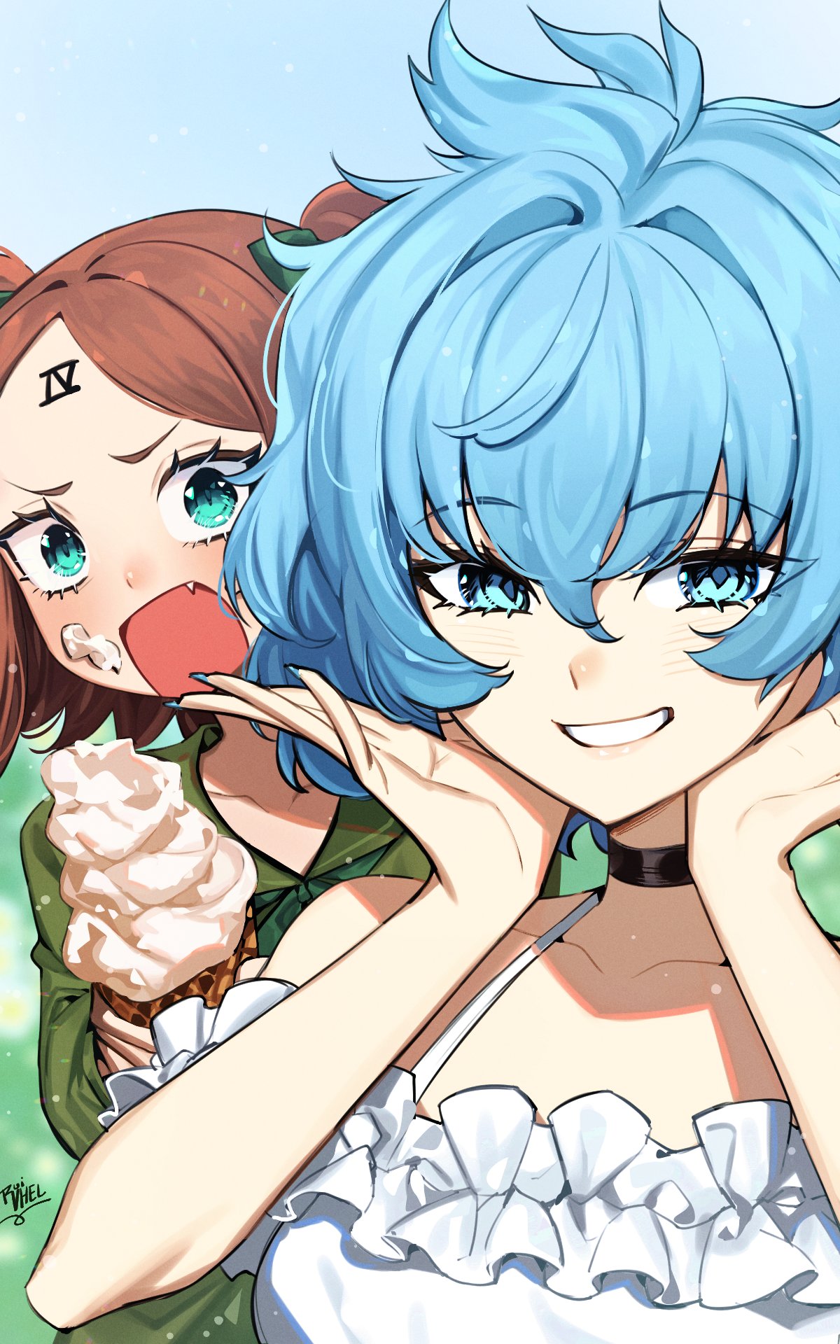 2girls, alternate_costume, artist_name, black_choker, blue_eyes, blue_hair, breasts, brown_hair