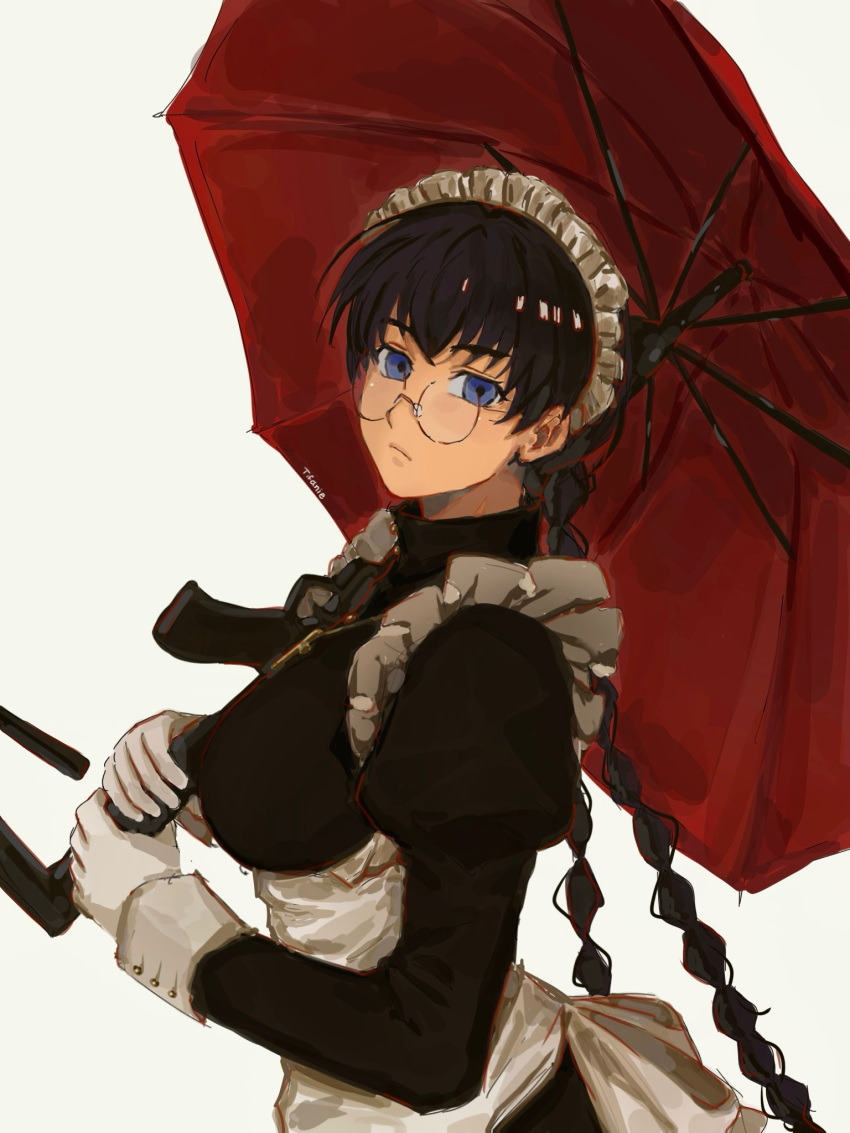 apron, black_hair, black_lagoon, blue_eyes, braid, breasts, commentary, cross, cross_necklace, gloves, highres, holding, holding_umbrella, holding_weapon, jewelry, large_breasts, maid, maid_apron, maid_headdress, necklace, red_umbrella, roberta_(black_lagoon), semi-rimless_eyewear, tifanie, twin_braids, umbrella, untranslatable_commentary, weapon, white_gloves