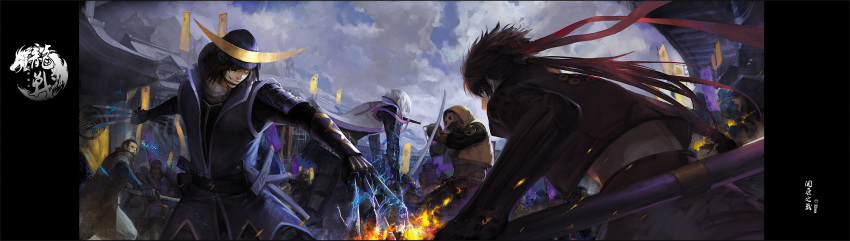 battle, brown_hair, character_request, cloud, coat, date_masamune, date_masamune_(sengoku_basara), dual_wielding