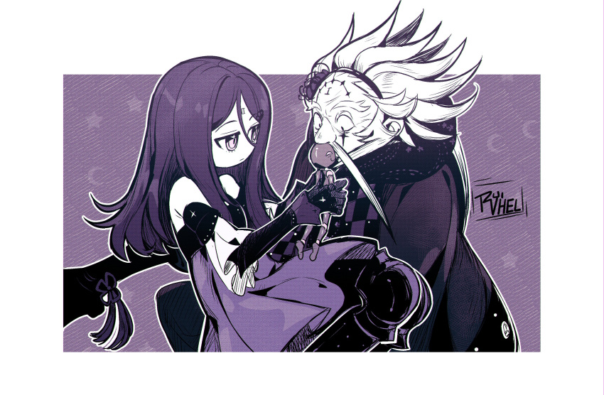 1boy, 1girl, absurdres, artist_name, bare_shoulders, black_gloves, black_hairband, black_scarf