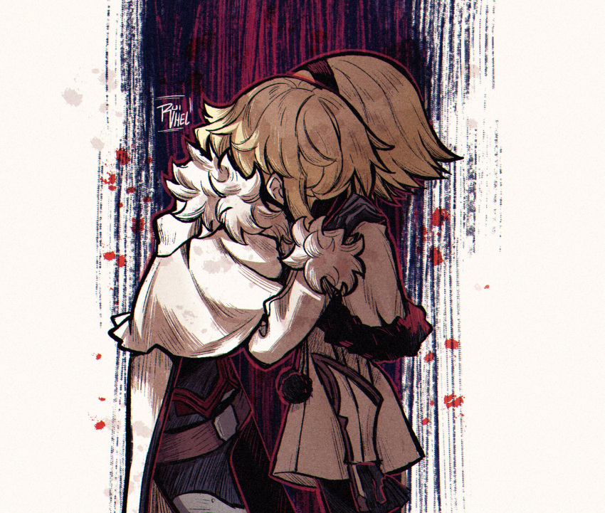 1boy, 1girl, arm_at_side, artist_name, belt, black_gloves, black_hairband, blonde_hair
