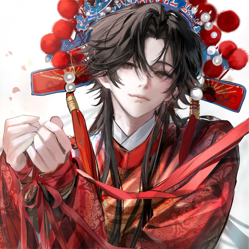 1boy, absurdres, black_hair, bound, brown_eyes, chinese_clothes, chinese_commentary, chinese_opera