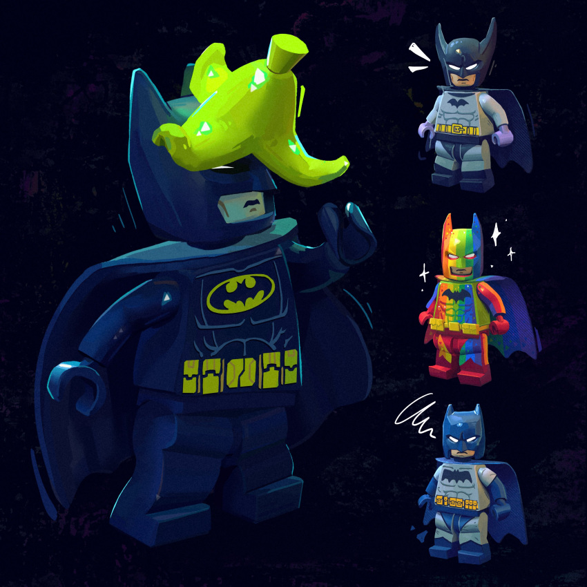 1boy, absurdres, arthur_neves, bat_mask, batman, batman_(series), batman_symbol, black_cape, bodysuit, cape, dc_comics, grey_bodysuit, highres, lego, multicolored_bodysuit, superhero_costume, taut_bodysuit, taut_clothes, the_lego_batman_movie, the_lego_group, the_lego_movie, two-tone_bodysuit