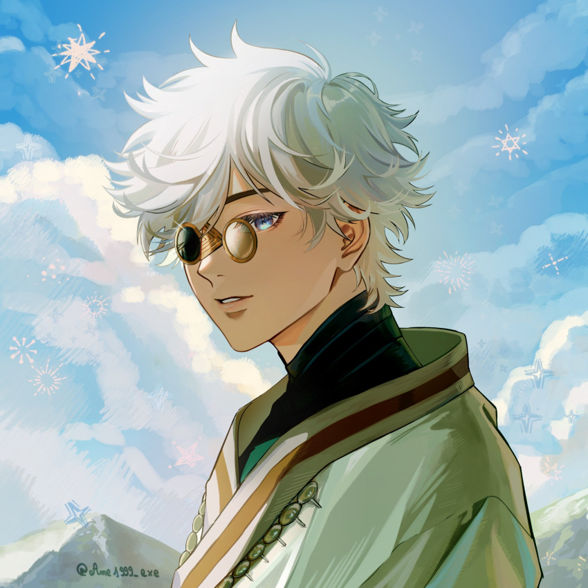 1boy, black_shirt, blue_eyes, clouds, commentary, english_commentary, glasses, highres