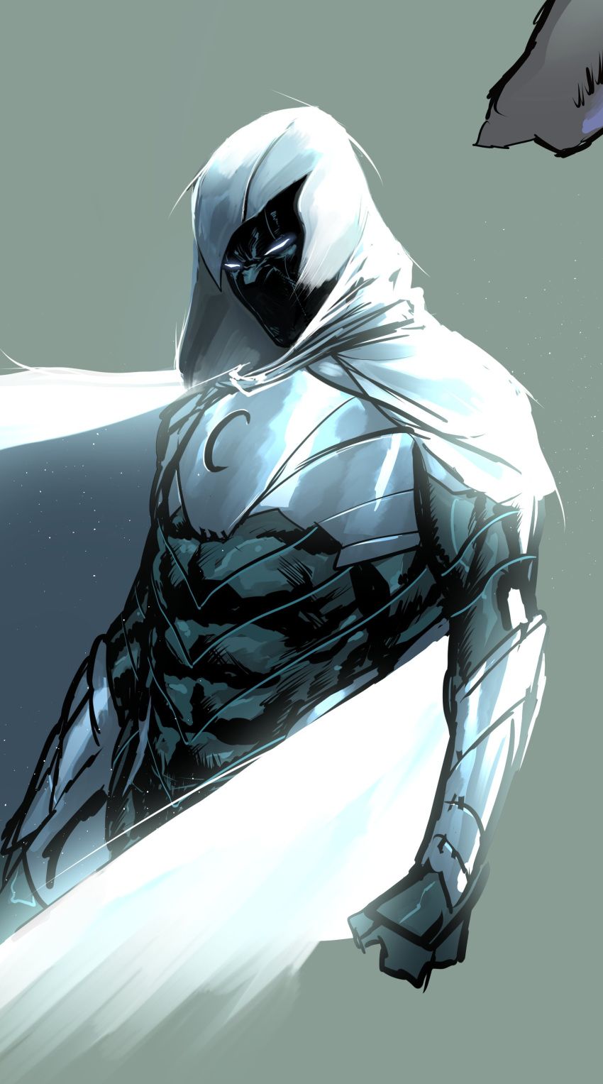 1boy, absurdres, bodysuit, cape, checkered_cloak, commentary, cowl, crescent_ornament