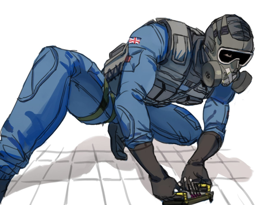1boy, belt, black_belt, black_gloves, black_shoes, blue_jacket, blue_pants, bulletproof_vest