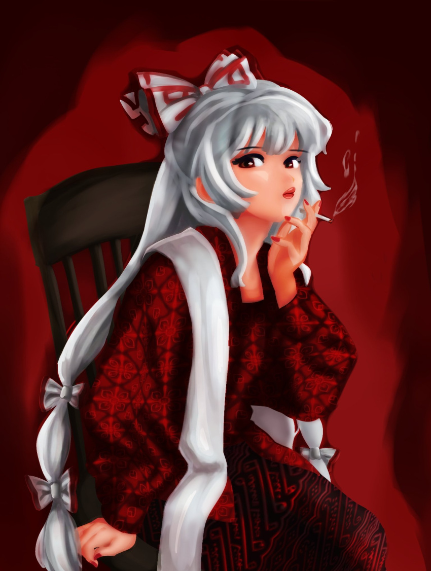 1girl, alternate_costume, bow, chair, cigarette, clothing_request, cowboy_shot, expressionless