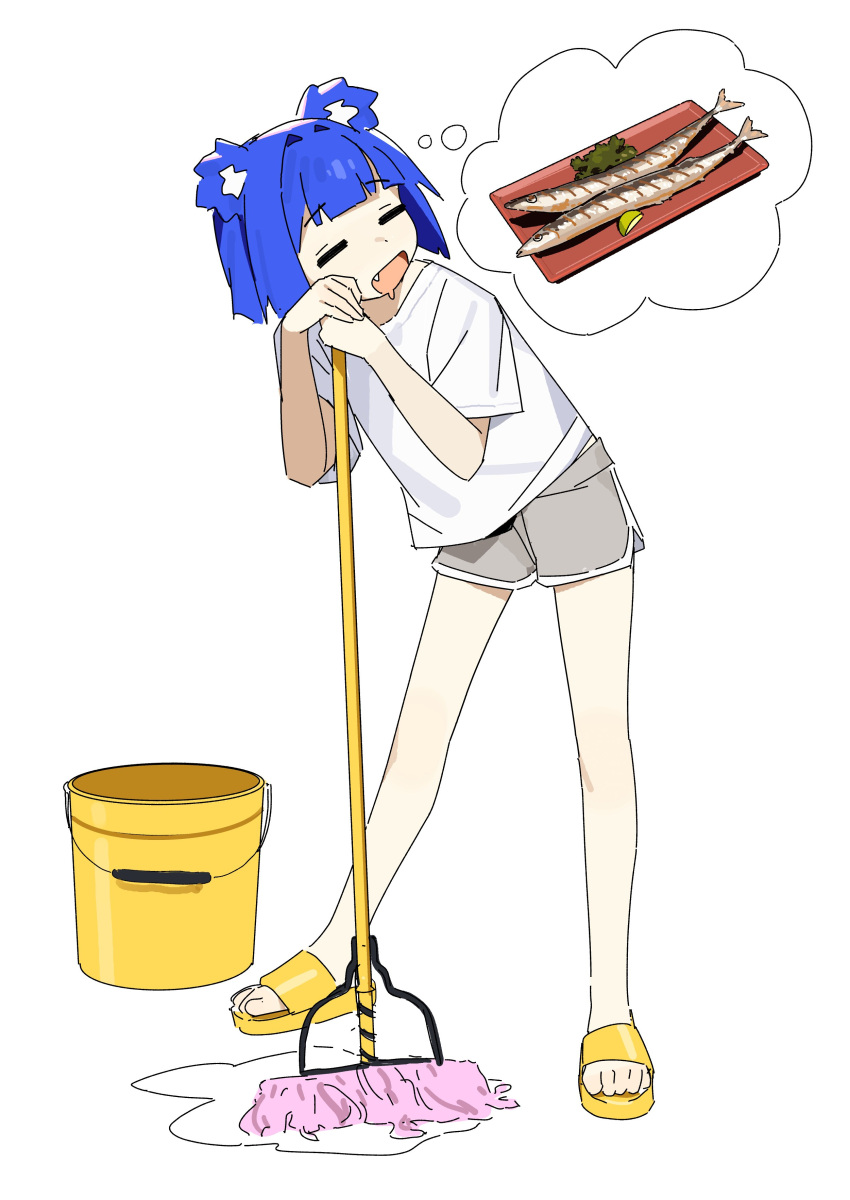 1girl, =_=, absurdres, animal_ears, blue_hair, bucket, commentary, drooling, english_commentary, fang, fish, full_body, grey_shorts, gris_(go!_go!_gris!), highres, holding, holding_mop, mop, mouth_drool, open_mouth, original, sandals, shirt, short_hair, short_sleeves, shorts, simple_background, solo, speech_bubble, standing, thought_bubble, toes, vertigris, white_background, white_shirt