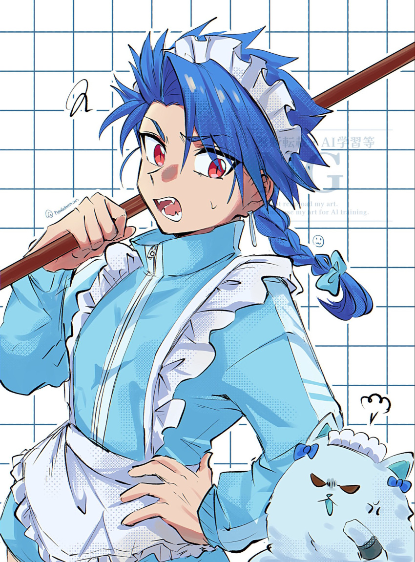 1boy, animal, animal_ears, apron, artist_name, blue_bow, blue_eyes, blue_fur
