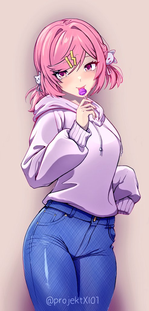1girl, artist_name, blue_pants, candy, commentary, cowboy_shot, denim, doki_doki_literature_club