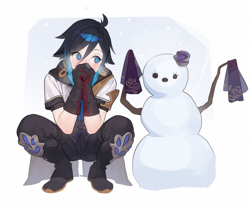 1boy, abbystea, albedo_(genshin_impact), albedo_(genshin_impact)_(cosplay), black_boots, black_gloves, black_hair, blue_eyes