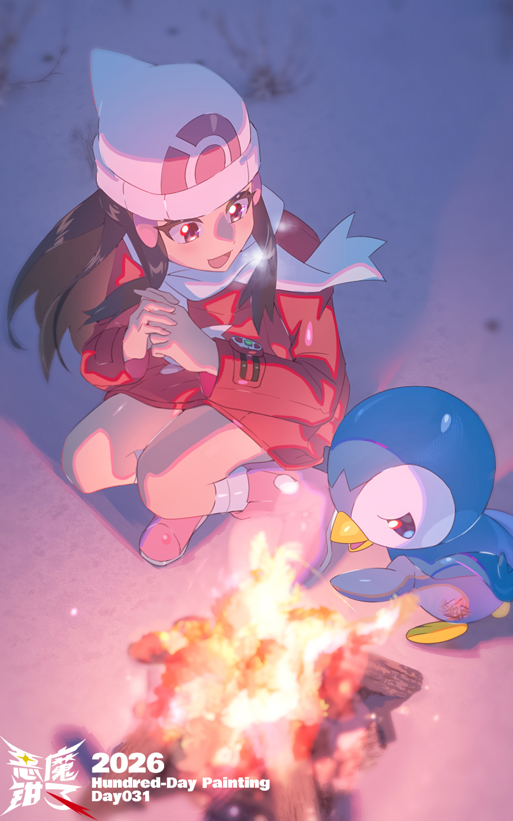 1girl, beanie, blue_eyes, blue_hair, boots, burnt, campfire, commentary
