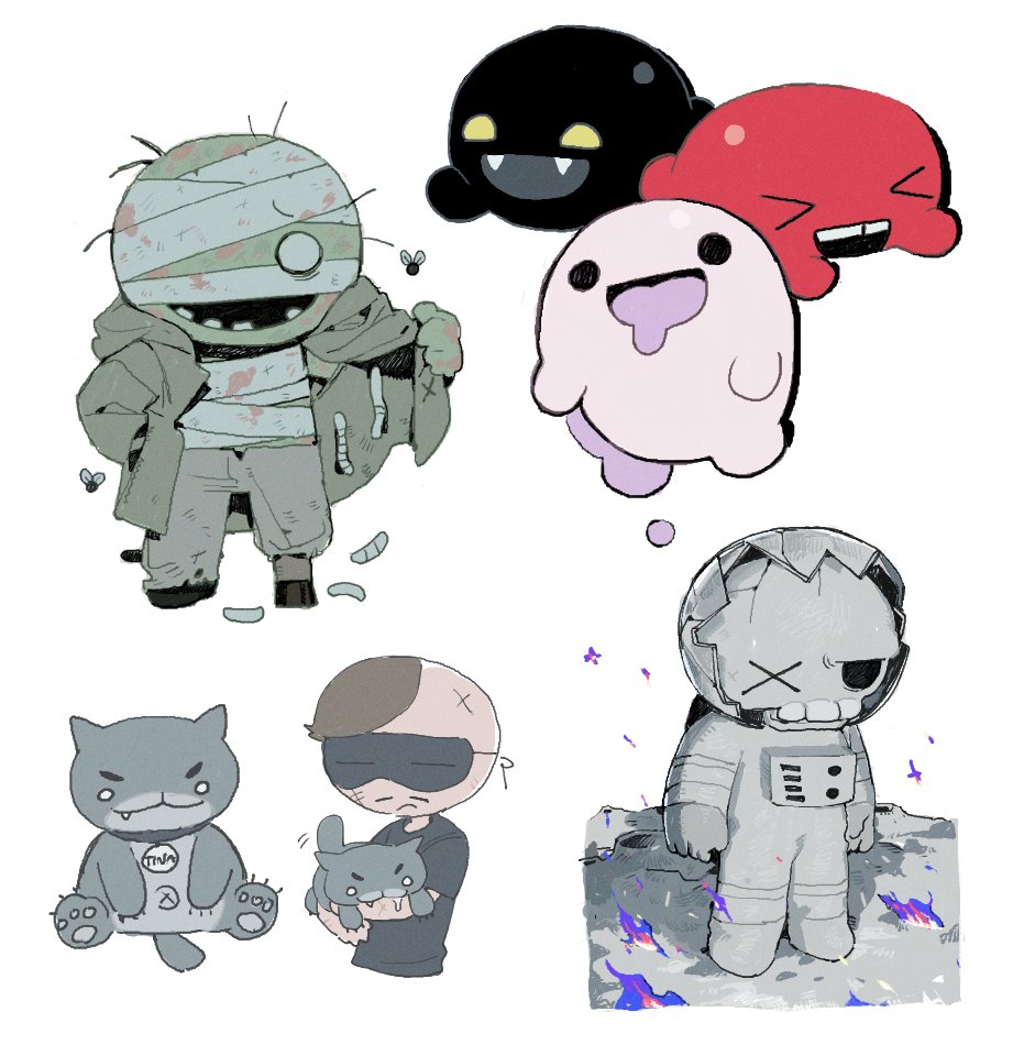 >_<, 1other, 2boys, abandoned_one_(mewgenics), animal, bandaged_head, bandages, blob, bug, butch_(mewgenics), cat, colored_skin, commentary_request, cracked_helmet, fly, green_jacket, green_skin, guillotina, higa423, holding, holding_animal, holding_cat, jacket, maggot, mewgenics, multiple_boys, multiple_forms, o_o, one_eye_covered, open_mouth, organ_grinder_(mewgenics), simple_background, skeleton, spacesuit, spewer_(mewgenics), standing, white_background, zombie