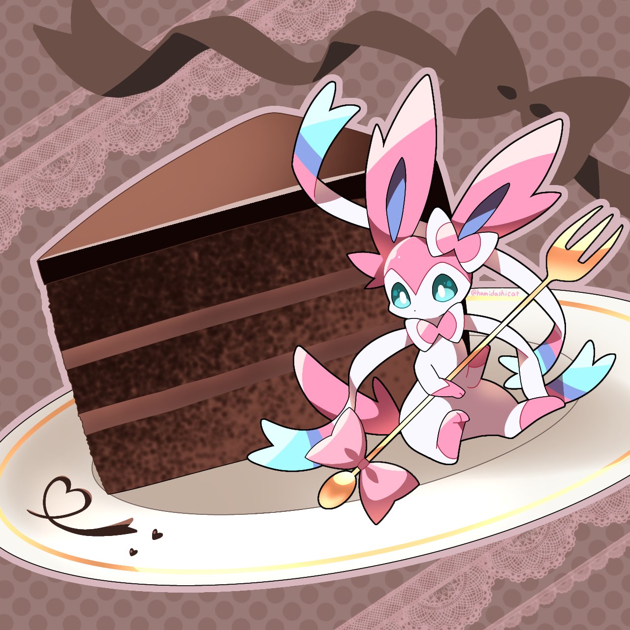 aqua_eyes, bow, brown_background, cake, chinese_commentary, chocolate_cake, commentary_request, food