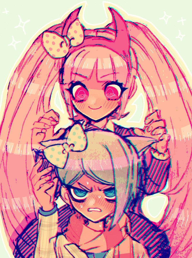 1boy, 1girl, annoyed, asymmetrical_hair, blue_eyes, blue_hair, blunt_bangs, blush