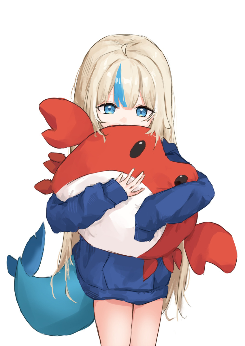 1girl, absurdres, ahoge, alternate_costume, blonde_hair, blue_eyes, blue_hoodie, blue_streaks, commentary_request, covered_mouth, cowboy_shot, crab, double-parted_bangs, english_commentary, fins, fish_girl, fish_tail, g_da, hair_intakes, hands_up, highres, holding, holding_stuffed_toy, hood, hood_down, hoodie, hugging_doll, hugging_object, indie_virtual_youtuber, kaniki_(sameko_saba), long_hair, looking_down, loose_hair_strand, multicolored_hair, one_side_up, sameko_saba, sidelocks, simple_background, single_sleeve_past_fingers, single_sleeve_past_wrist, solo, standing, streaked_hair, stuffed_animal, stuffed_toy, tachi-e, tail, two-tone_hair, very_long_hair, virtual_youtuber, white_background
