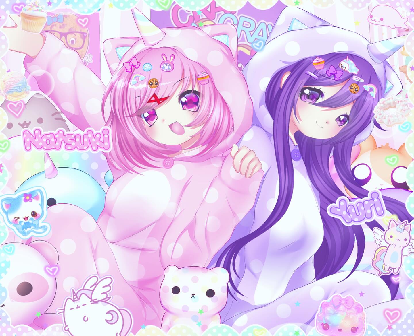 2000s_(style), 2girls, animal_hood, bear, berrie_(mezzo_piano), cat, cat_hood, character_name