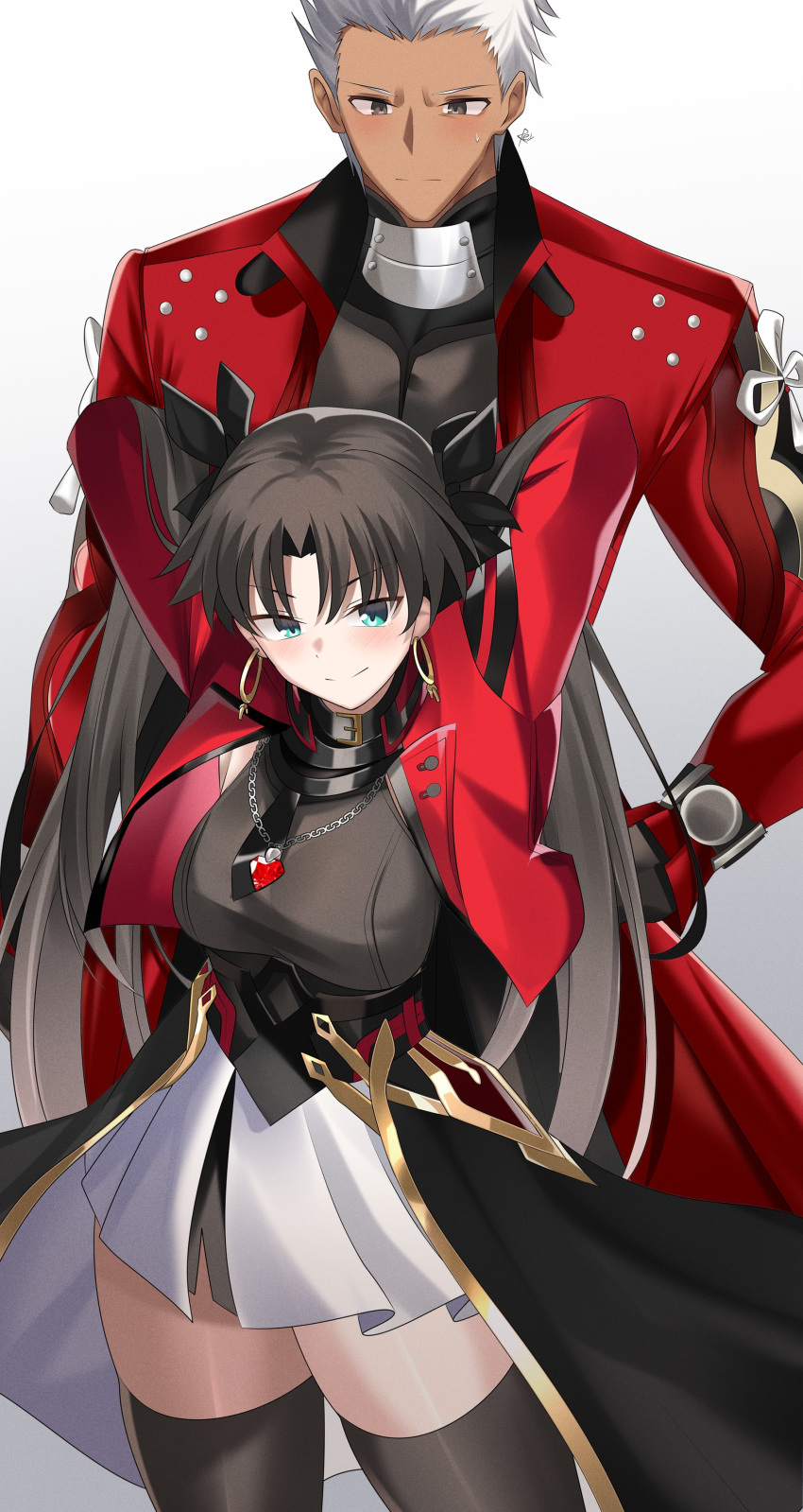 1boy, 1girl, absurdres, archer_(fate), archer_(honkai:_star_rail)_(fate), black_hair, black_shirt, blue_eyes