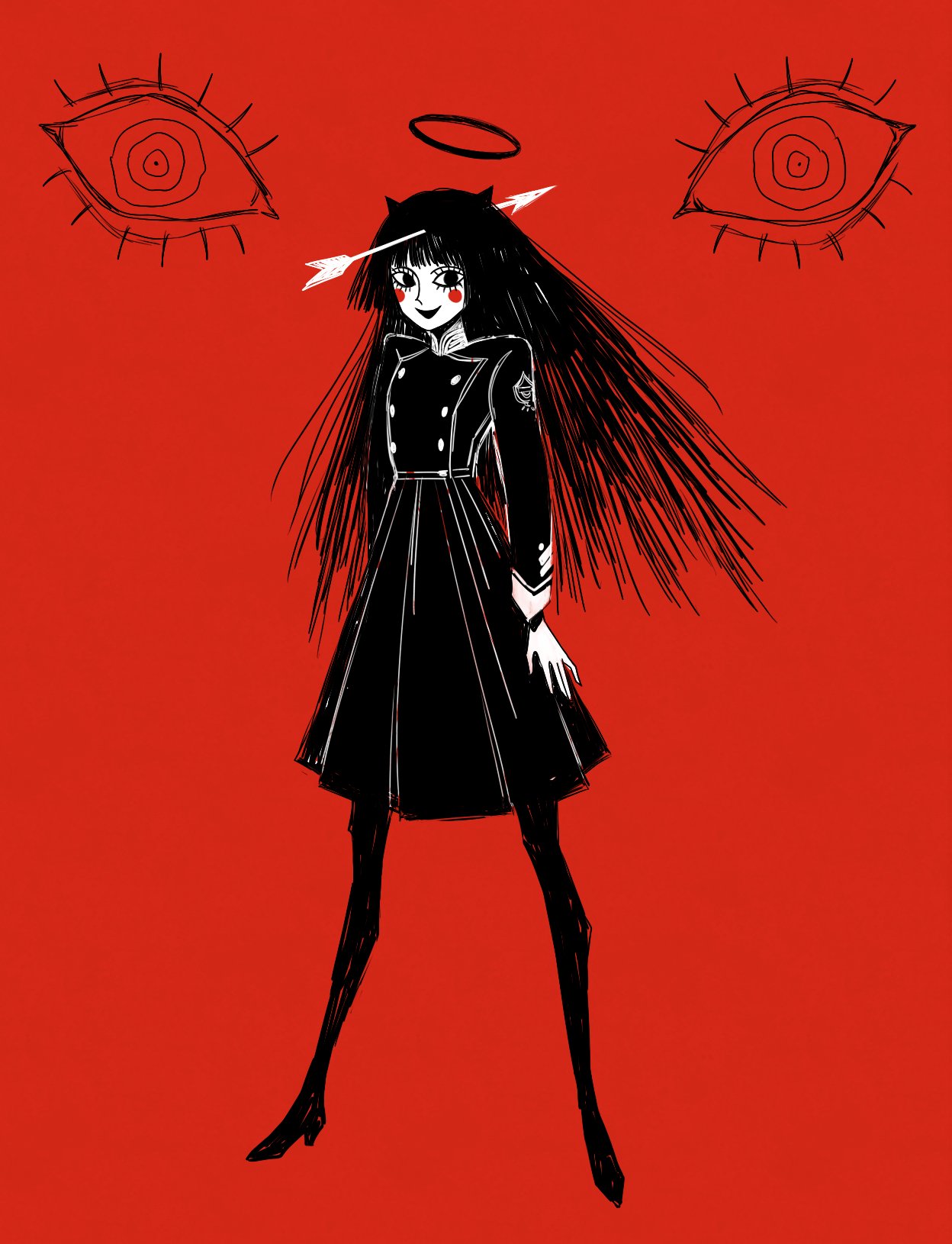 <o>_<o>, 1girl, arrow_(projectile), arrow_in_body, arrow_in_head, black_eyes, black_hair, black_halo